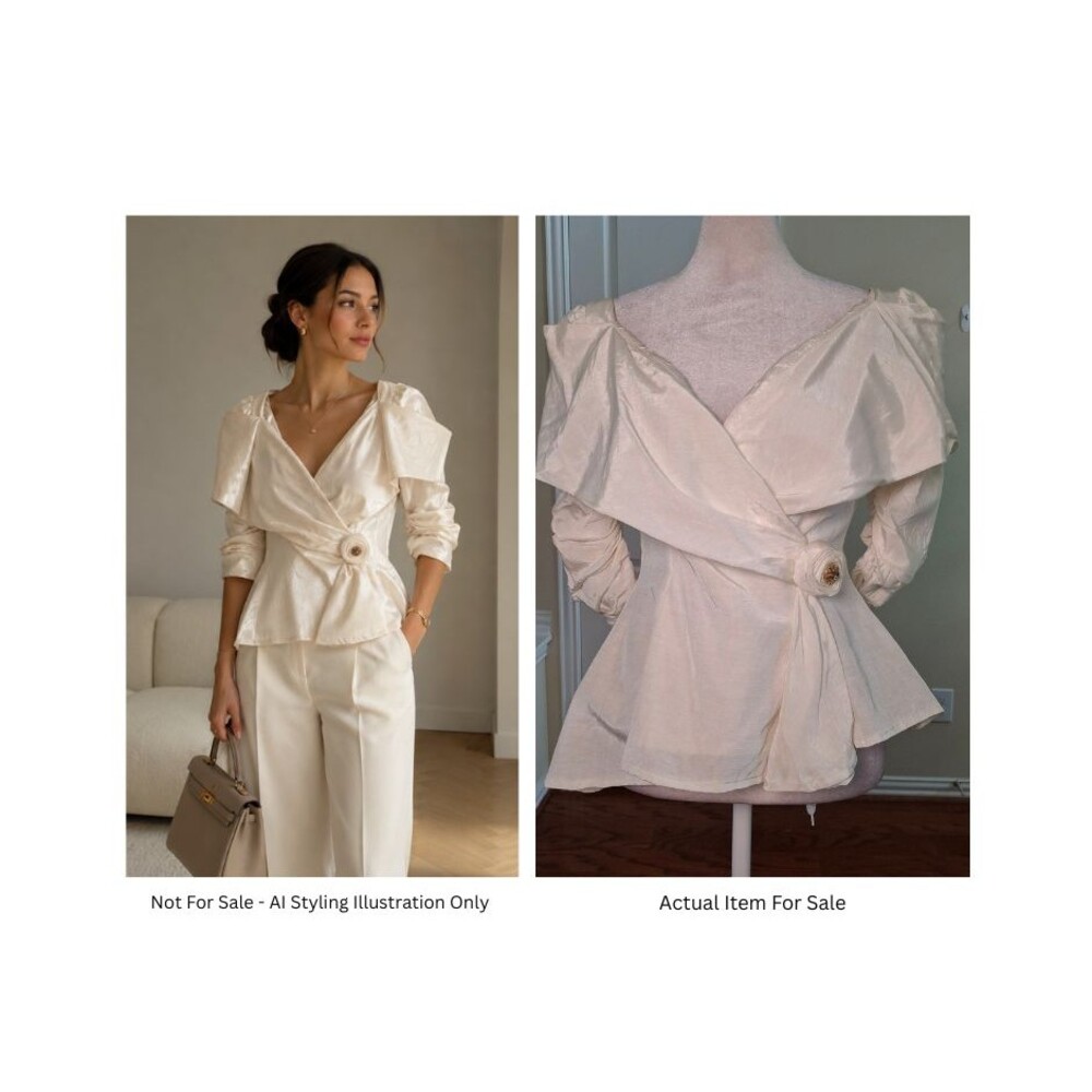 Vintage Cream Wrap-Style Blouse with Statement Collar